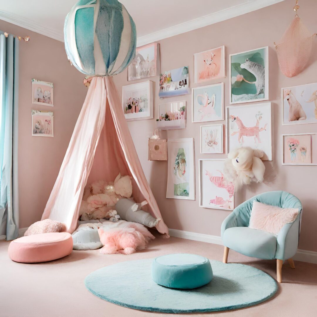 różowa ściana z obrazkami w pokoju dzieciecym - babyrooms