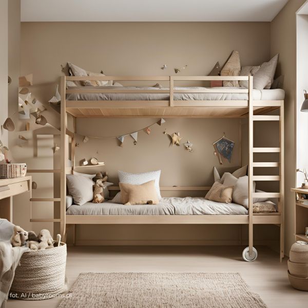 drewniane łóżko piętrowe w pokoju dzieci