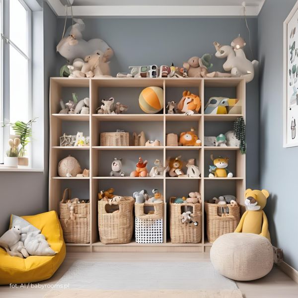 regał z zabawkami w pokoju dla dwójki